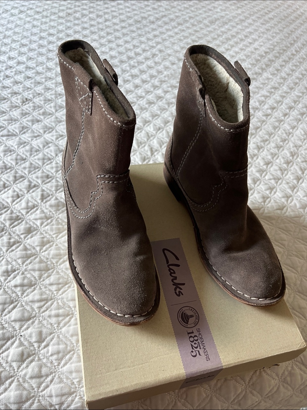 Clarks Gray Suede Shearling-Lined Ankle Booties